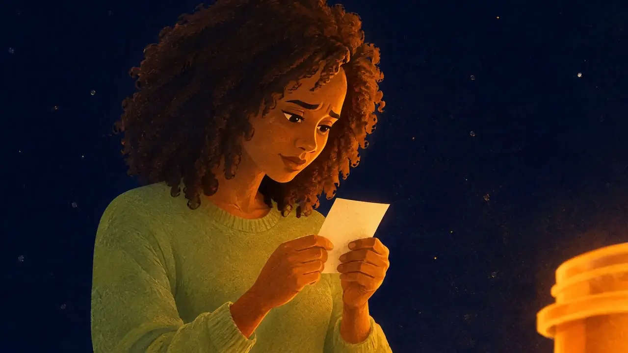 A woman reads her prescription: refills for life. As you scroll she ends up locked inside a giant glowing prescription bottle, looking up