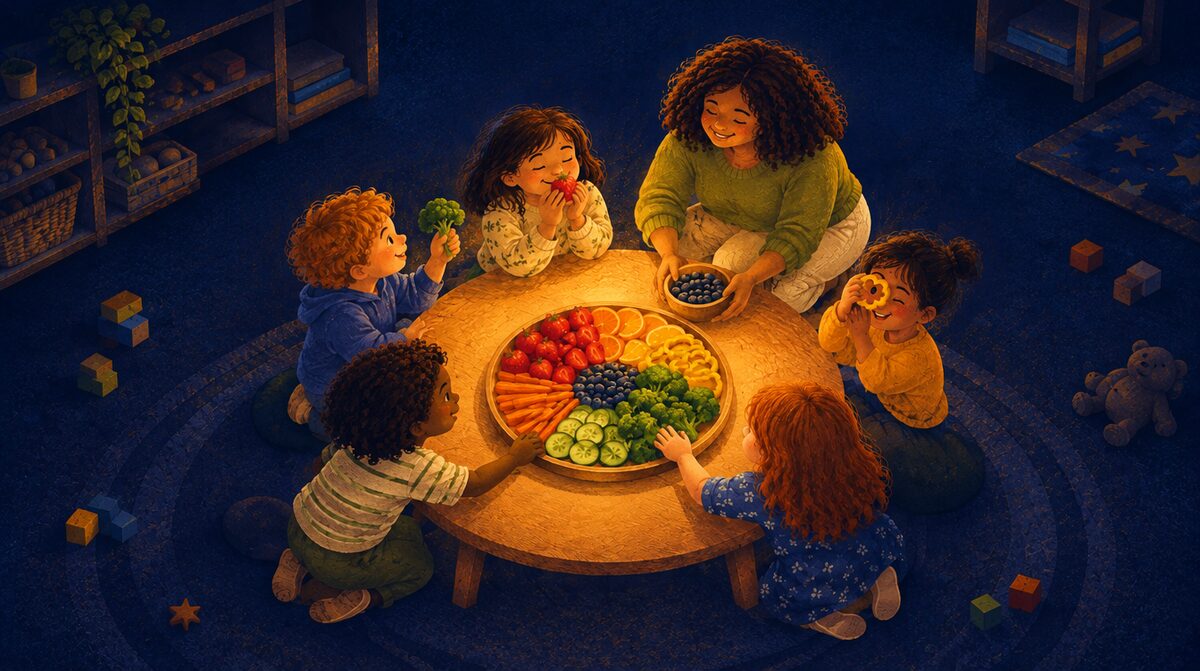 Young children gather around a glowing round table of rainbow fruits and vegetables; one waves a broccoli floret, one peeks through a pepper ring, one nibbles a strawberry, while their coach holds a bowl of blueberries