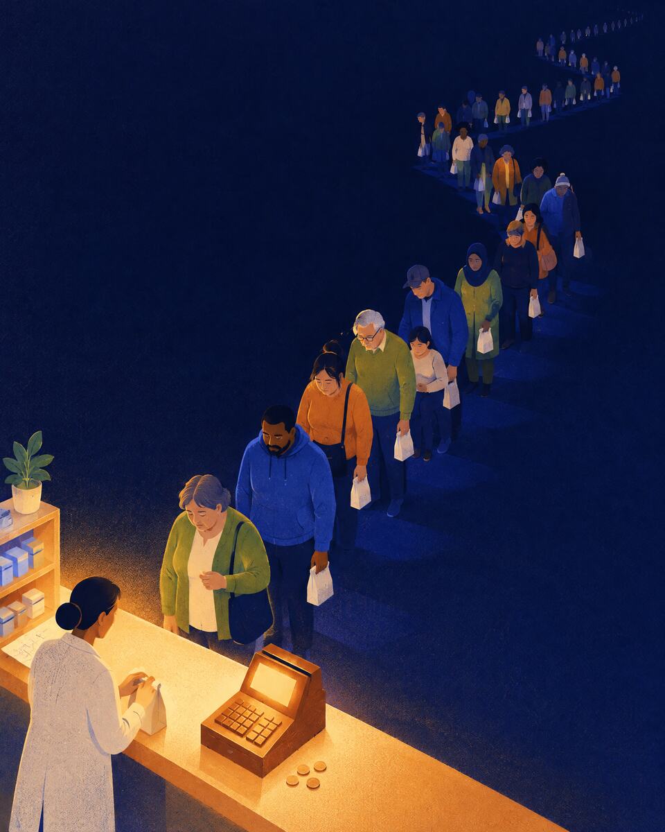 An endless line of people holding prescription bags waits at a glowing pharmacy counter