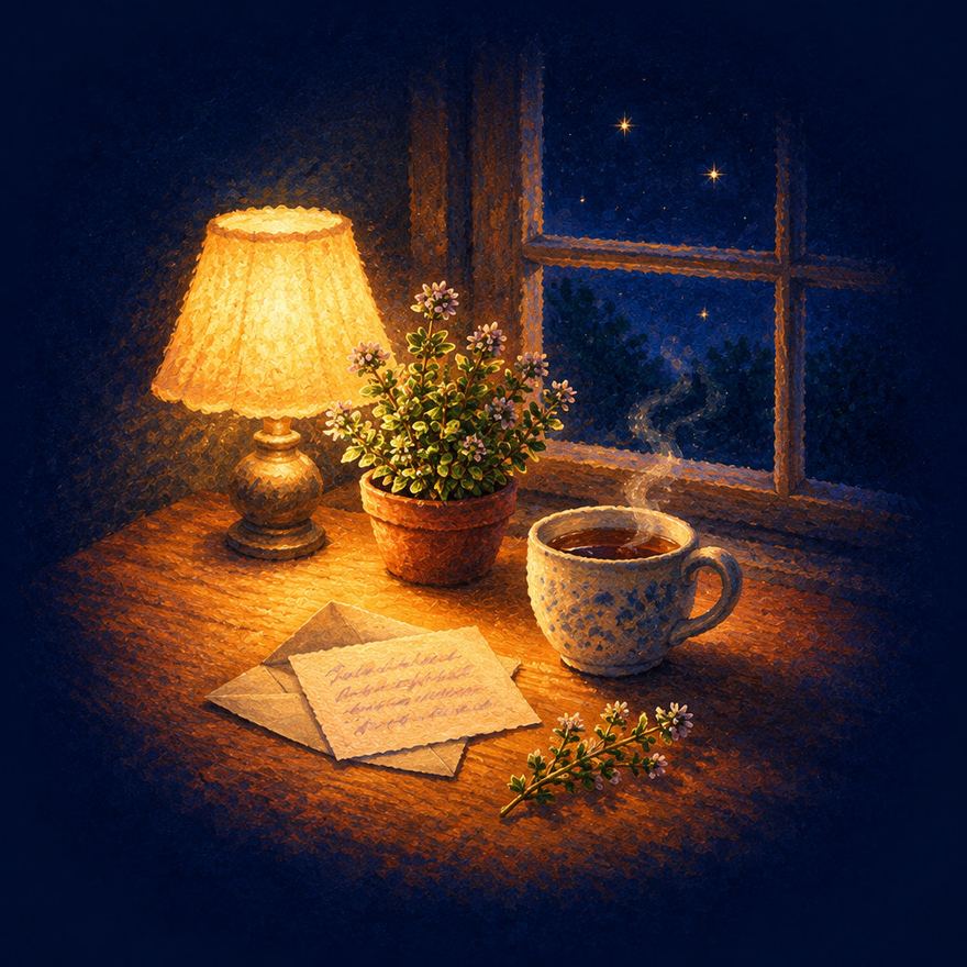 A handwritten note and envelope on a kitchen table at night, beside a cup of tea, a pot of flowering thyme and a warm lamp