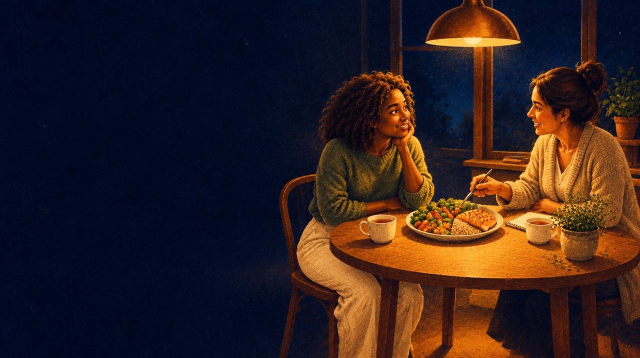 A young woman smiles across a small kitchen table at night as her nutrition coach points to a balanced plate of vegetables, salmon and brown rice under a warm lamp