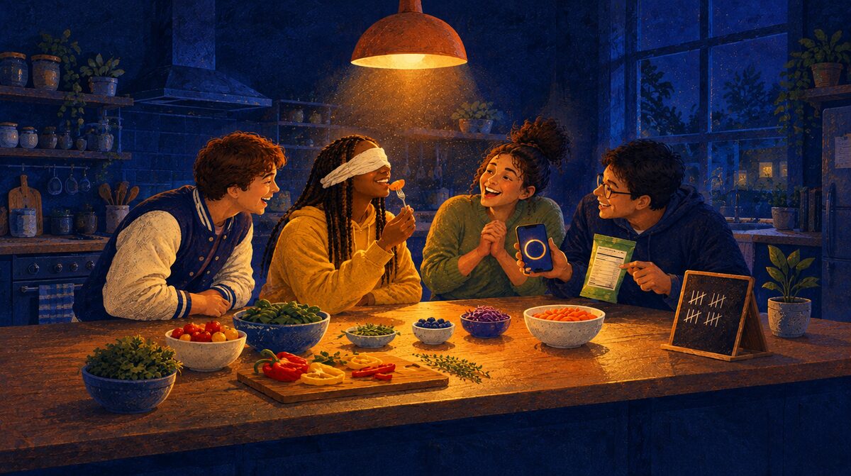 Teenagers laugh around a kitchen counter during a blind taste-test challenge, with a countdown on a phone and tally marks on a chalkboard
