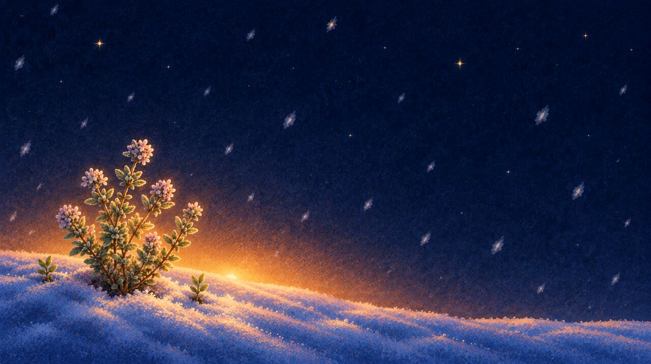 A small thyme plant in flower pushes up through fresh snow as the first dawn light glows behind it, snowflakes drifting under the stars