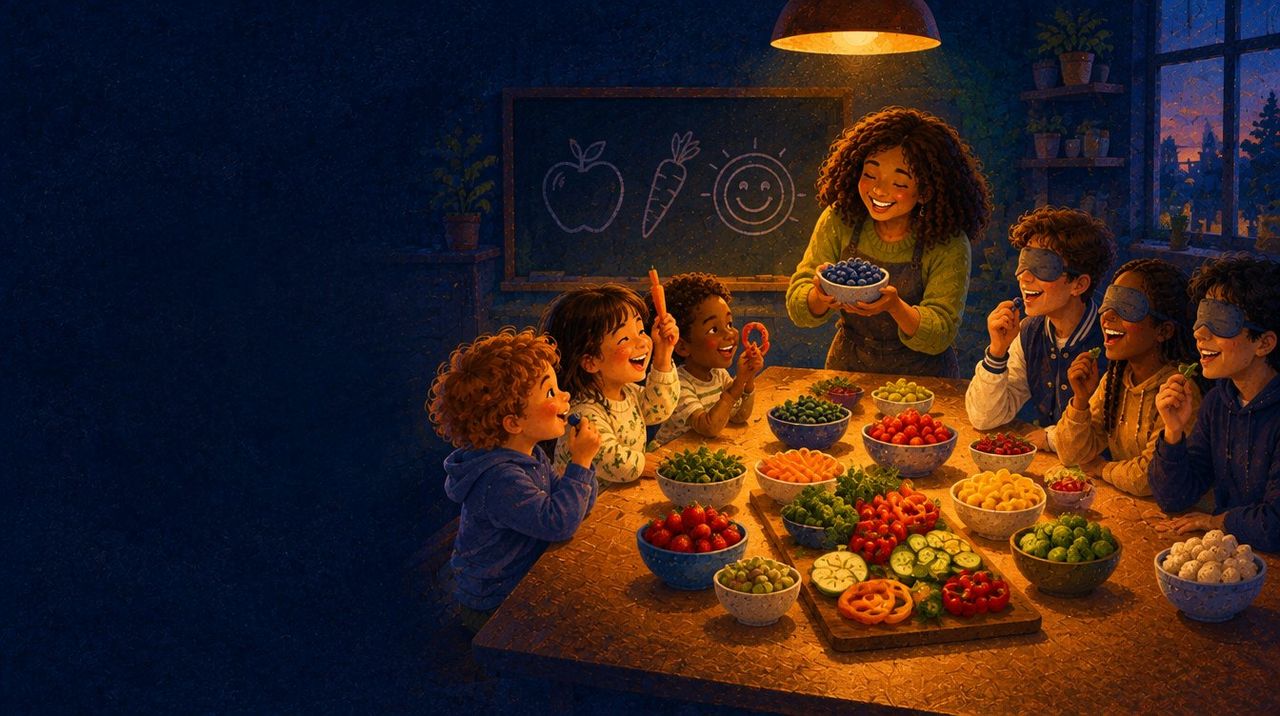A classroom at dusk turned into a tasting lab: small children hold up a carrot and a pepper ring, teenagers laugh during a blindfolded taste test, and a smiling coach holds up a bowl of blueberries over a table of rainbow produce
